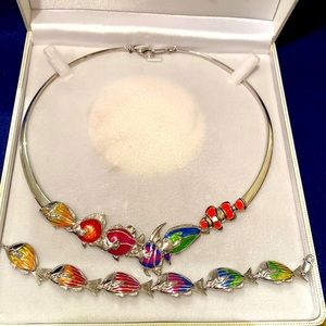 Kabana 925 Sterling Silver and Enamel Fish Pendant Necklace and bracelet.